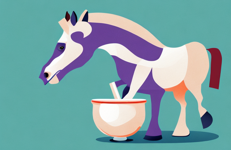 A horse eating taro from a bowl