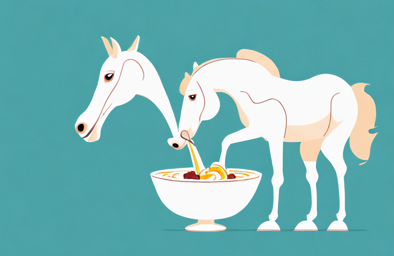A horse eating a bowl of yogurt