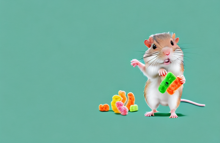 A gerbil holding a sour patch kid in its paws