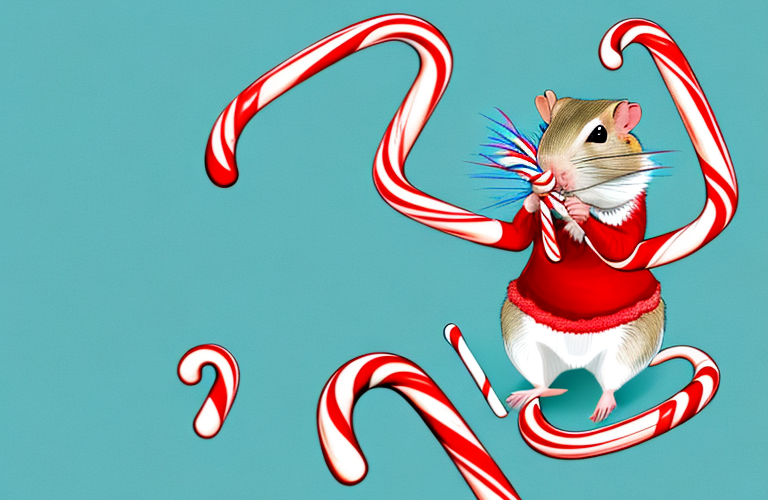 A gerbil eating a candy cane