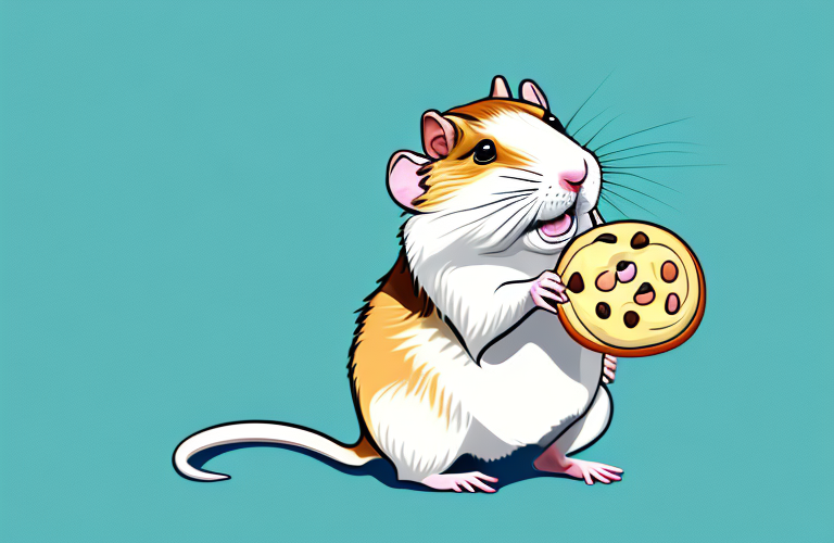 A gerbil holding a cookie in its paws