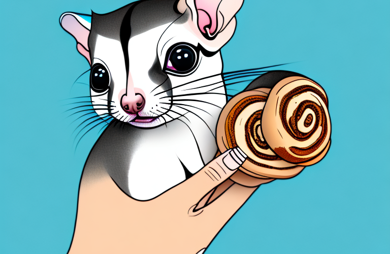 A sugar glider holding a cinnamon roll in its paws