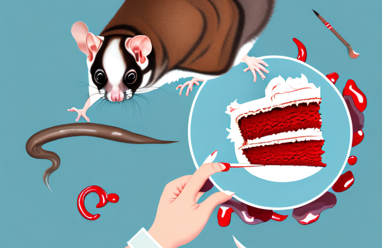 A sugar glider eating a piece of red velvet cake