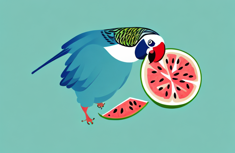 A parakeet eating a slice of watermelon