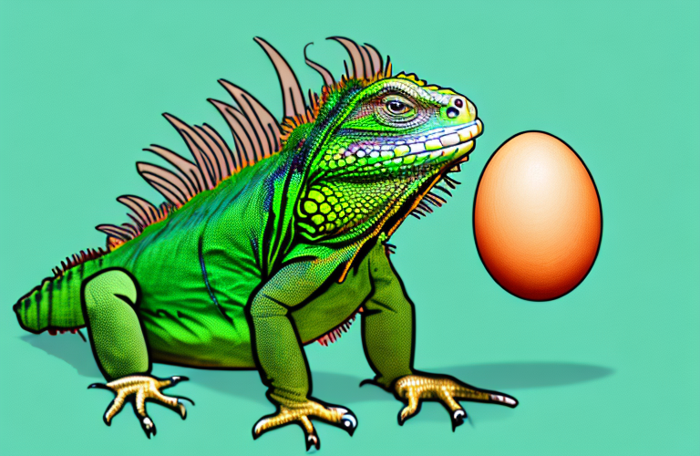 A green iguana eating an egg