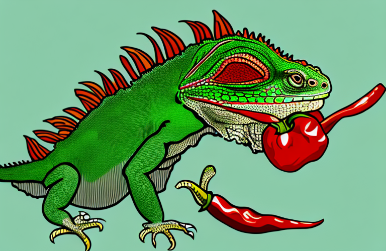 A green iguana eating a chili pepper