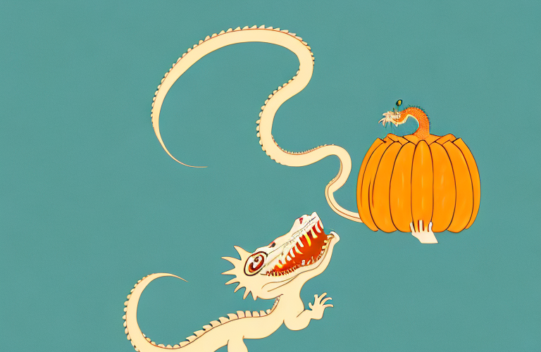 A chinese water dragon eating a slice of pumpkin pie