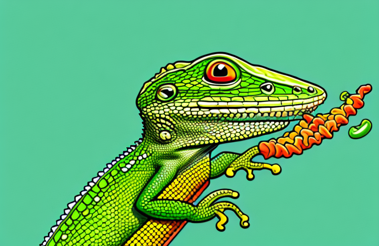 A green anole lizard eating a hot cheeto